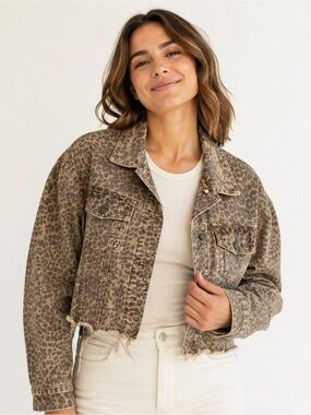 Free People Leopard Print Cropped Jean Jacket in Brown